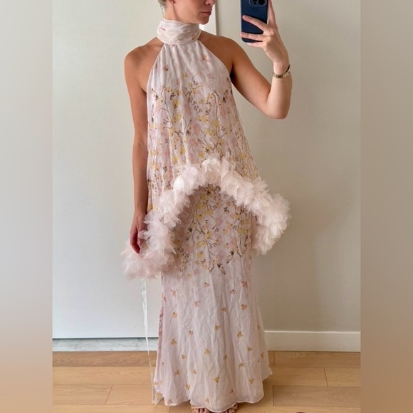 Elliatt Dresses & Skirts - Elliatt Pale Pink Floral Halter Maxi Dress with Feather Trim